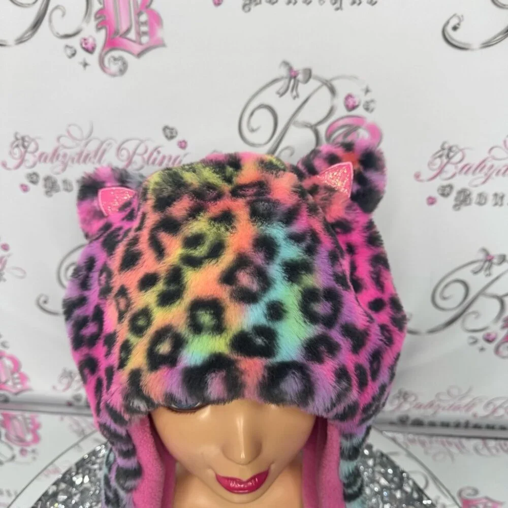 Hat toque cheetah print rainbow Pom poms cat ears animal print ombré soft fur